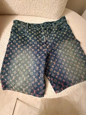Louis Vuitton Blue Denim Shorts with Yellow Monogram